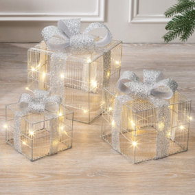Light Up Christmas Presents LED Parcels Battery Operated with Timer Set of 3 (Silver)