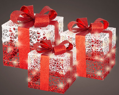 Light Up Christmas Presents Red & White Set Of 3 LED Gift Box Warm
