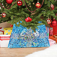 Light Up LED Christmas Tree Skirt Blue Gift Box Silver Ribbon Design 6100