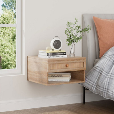 Light Wood Colour Floating Bedroom Nightstand with Pseudo-rattan Drawer 40cm x 40cm x 23cm