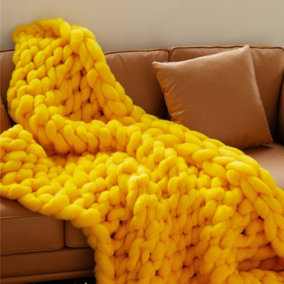 Light Yellow Soft Chunky Knitted Throw Blanket Sofa Bed Blanket Handwoven Home Decor 60cm L x 60cm W