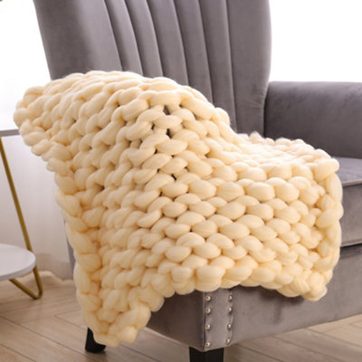 Light Yellow Throw Blanket Chunky Knit Handwoven 60cm Lx 60cm W