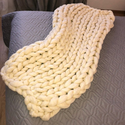 Light Yellow Throw Blanket Chunky Knit Handwoven 60cm Lx 60cm W
