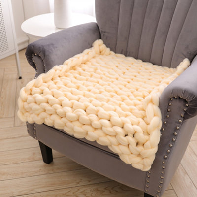 Light Yellow Throw Blanket Chunky Knit Handwoven 60cm Lx 60cm W