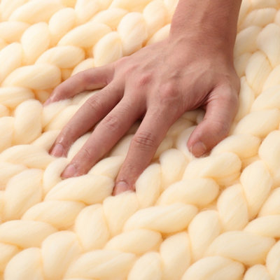 Light Yellow Throw Blanket Chunky Knit Handwoven 60cm Lx 60cm W