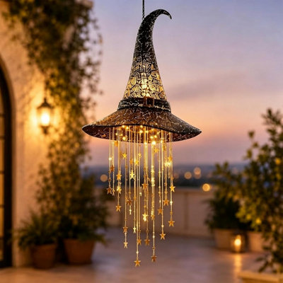 Lighted Witch Hat Hanging Chime Halloween Outdoor Ornament LED Glowing ...