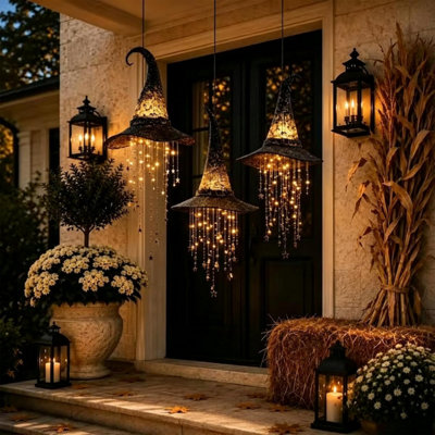 Lighted Witch Hat Hanging Chime Halloween Outdoor Ornament LED Glowing ...