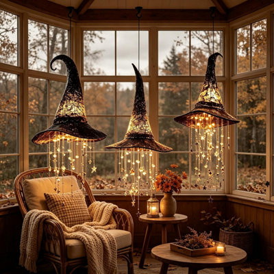 Lighted Witch Hat Hanging Chime Halloween Outdoor Ornament LED Glowing ...