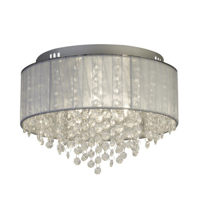 Lighting Collection 3 Light Ceiling Flush With Wrapped Chiffon Shade & Glass Drops