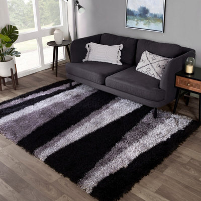 Lightning Grey Striped Shaggy Sparkle Handmade Polyester Rug for Living ...