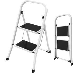 Lightweight 2 Step Ladder 32.2'' (82cm) High - White Portable Folding Ladder - Small, Compact, and Functional Steel Step Ladder