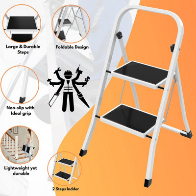 Lightweight 2 Step Ladder 32.2'' (82cm) High - White Portable Folding Ladder - Small, Compact, and Functional Steel Step Ladder