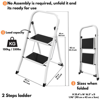 Lightweight 2 Step Ladder 32.2'' (82cm) High - White Portable Folding ...