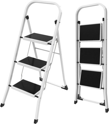 Lightweight 3 Step Ladder 41.3'' (105cm) High - White Portable Folding Ladder - Small, Compact, and Functional Steel Step Ladder