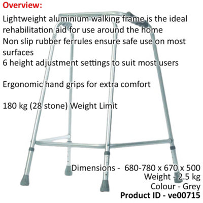 Lightweight Aluminium Walking Frame - 680 to 780mm Adjustable Height Extra Large
