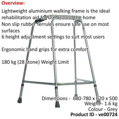 Lightweight Aluminium Walking Frame - 680 to 780mm Adjustable Height - Small