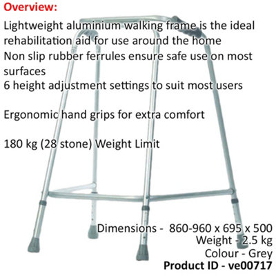 Lightweight Aluminium Walking Frame - 860 to 960mm Adjustable Height Extra Large