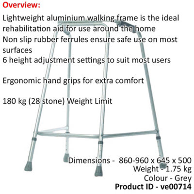 Lightweight Aluminium Walking Frame - 860 to 960mm Adjustable Height - Large