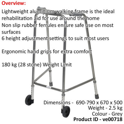 Lightweight Aluminium Walking Frame with Wheels - 690 to 790 Height Extra Large
