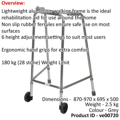 Lightweight Aluminium Walking Frame with Wheels - 870 to 970 Height Extra Large