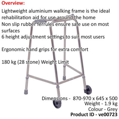 Lightweight Aluminium Walking Frame with Wheels - 870 to 970 Height - Large