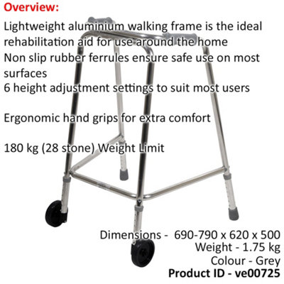 Lightweight Aluminium Wheeled Walking Frame 690 to 790mm Adjustable Height Small