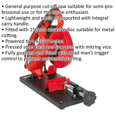 Lightweight Cut-Off Saw Machine with 150mm Abrasive Disc - 610W Motor - 9000 RPM
