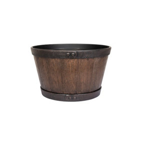 Lightweight Recycled Plastic Garden Pot Planter 39cm Medium Oban Whiskey Barrel - Plastic - L39 x W39 x H23 cm - Dark Oak
