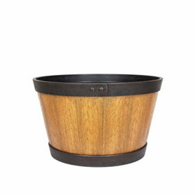 Lightweight Recycled Plastic Garden Pot Planter with Drainage Holes Oban Whiskey Barrel- L39 x W39 x H23 cm - Light Oak