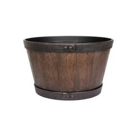 Lightweight Recycled Plastic Garden Pot Planter with Drainage Holes  Oban Whiskey Barrel - L45 x W45 x H26 cm - Dark Oak