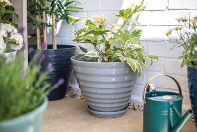 Lightweight Recycled Plastic Garden Pot Planter with Drainage Holes  Vale Grey Planter with In Built Saucer - 40 x W40 x H30 cm