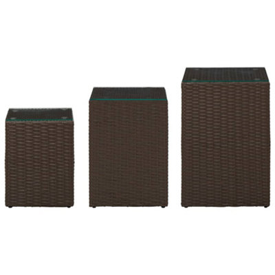 Lightweight Side Tables 3 pcs with Glass Top Brown Poly Rattan