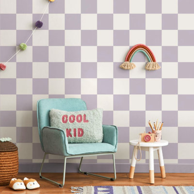 Lilac & White Check Wallpaper Smooth Flat Finish Feature Kids Play Room Bedroom