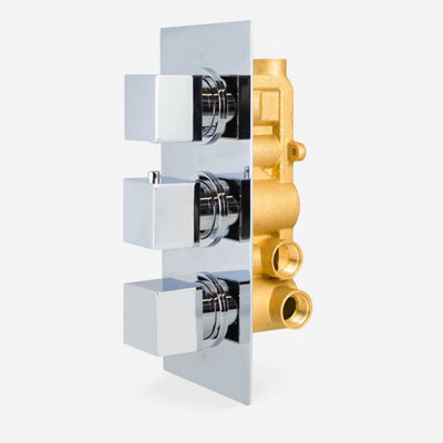 Lilly 3 Dial 3 Way Square Concealed Thermostatic Mixer Valve, Slider Rail, Square Handset, Bath Filler & Shower Head Chrome