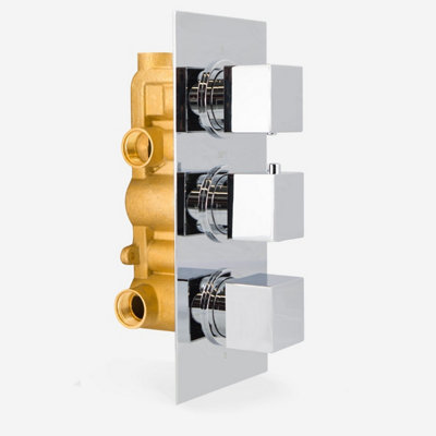 Lilly 3 Dial 3 Way Square Concealed Thermostatic Mixer Valve, Slider Rail, Square Handset, Bath Filler & Shower Head Chrome