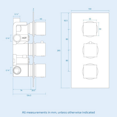 Lilly 3 Dial 3 Way Square Concealed Thermostatic Mixer Valve, Slider Rail, Square Handset, Bath Filler & Shower Head Chrome