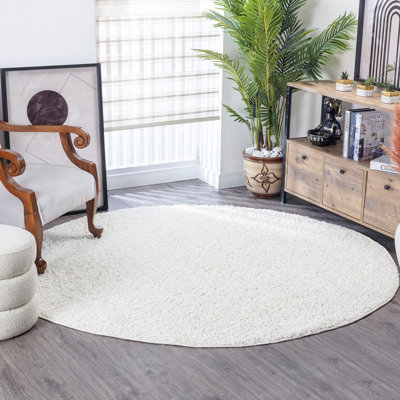 LILLY Round Shaggy Solid Color Plush Pile White Area Rug 200 x 200 cm