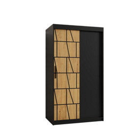 Lima Contemporary 2 Sliding Door Wardrobe 5 Shelves 2 Rails Black Matt and Oak Decor (H)2000mm (W)1000mm (D)620mm