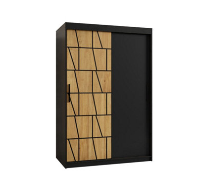 Lima Contemporary 2 Sliding Door Wardrobe 5 Shelves 2 Rails Black Matt and Oak Decor (H)2000mm (W)1200mm (D)620mm