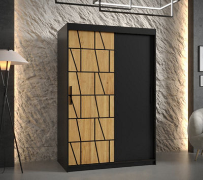 Lima Contemporary 2 Sliding Door Wardrobe 5 Shelves 2 Rails Black Matt and Oak Decor (H)2000mm (W)1200mm (D)620mm