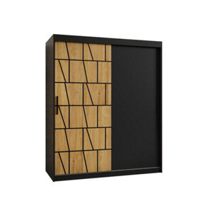 Lima Contemporary 2 Sliding Door Wardrobe 5 Shelves 2 Rails Black Matt and Oak Decor (H)2000mm (W)1500mm (D)620mm