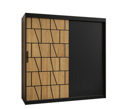 Lima Contemporary 2 Sliding Door Wardrobe 9 Shelves 2 Rails Black Matt and Oak Decor (H)2000mm (W)1800mm (D)620mm