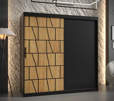 Lima Contemporary 2 Sliding Door Wardrobe 9 Shelves 2 Rails Black Matt and Oak Decor (H)2000mm (W)1800mm (D)620mm