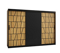 Lima Contemporary 3 Sliding Door Wardrobe 9 Shelves 2 Rails Black Matt and Oak Decor (H)2000mm (W)2500mm (D)620mm