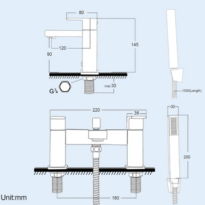Lima Cube Bath Shower Mixer & Shower Handset Chrome - 5