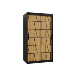 Lima I Contemporary 2 Sliding Door Wardrobe 5 Shelves 2 Rails Black Matt and Oak Decor (H)2000mm (W)1000mm (D)620mm