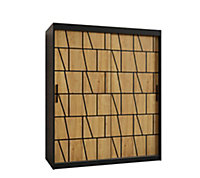 Lima I Contemporary 2 Sliding Door Wardrobe 5 Shelves 2 Rails Black Matt and Oak Decor (H)2000mm (W)1500mm (D)620mm