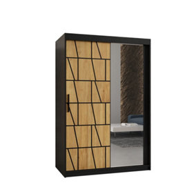 Lima II Contemporary Mirrored 2 Sliding Door Wardrobe 5 Shelves 2 Rails Black Matt and Oak Decor (H)2000mm (W)1200mm (D)620mm