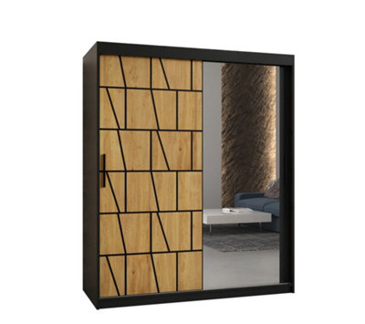 Lima II Contemporary Mirrored 2 Sliding Door Wardrobe 5 Shelves 2 Rails Black Matt and Oak Decor (H)2000mm (W)1500mm (D)620mm