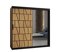 Lima II Contemporary Mirrored 2 Sliding Door Wardrobe 9 Shelves 2 Rails Black Matt and Oak Decor (H)2000mm (W)1800mm (D)620mm